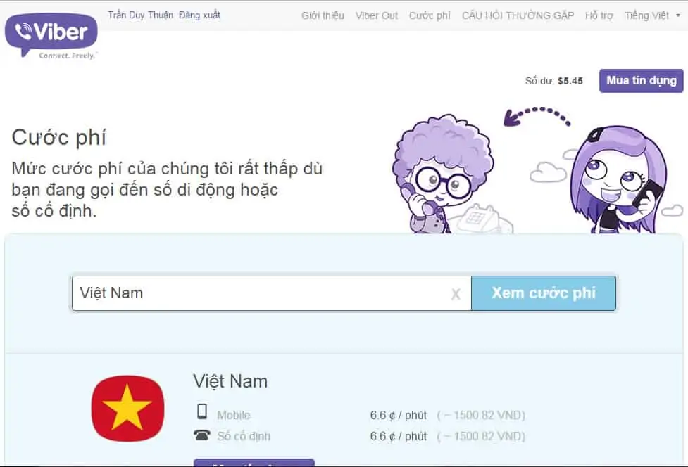 Giá cước Viber gọi về Việt Nam