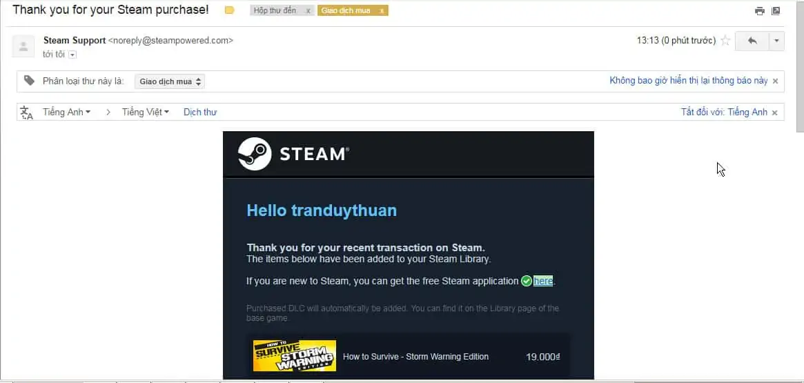 Email cảm ơn đã mua hàng của Steam