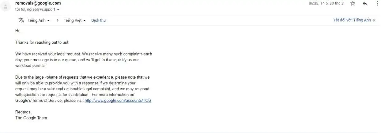Nội dung email DMCA kháng cáo